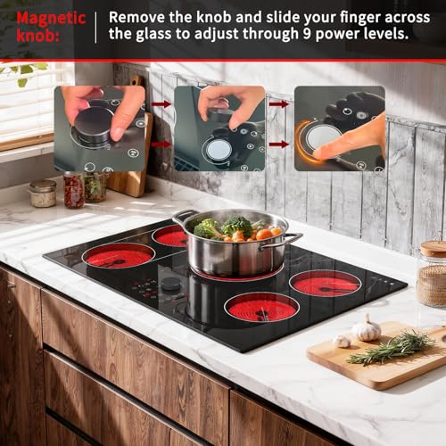 Image of Karinear Electric Cooktop 30 Inch with Magnetic Knob, Bridge BBQ, 5 Burner Radiant Stove Top, 8600W 240V Built-in Hob, 9 Heat Levels, 99-Min Timer, Child Lock, Pause