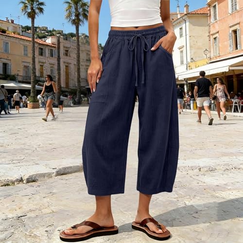 Pantalon capri en lin de qualité supérieure coupe fluide d'été