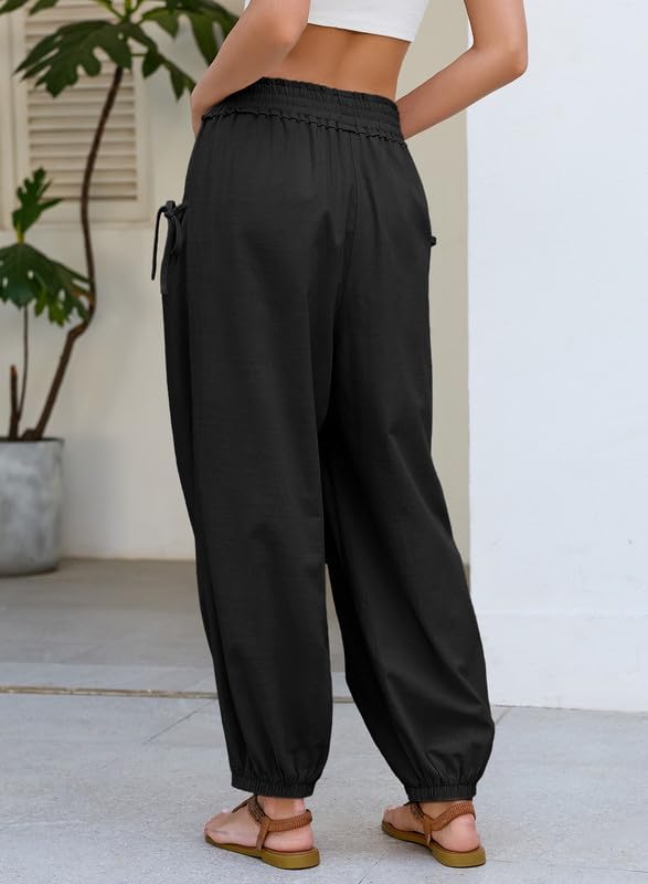 Dokotoo Women Linen Wide Leg Pants Casual Elastic Waist Lounge Palazzo Harem Pants with Pockets - Image 2