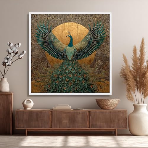 Tableau paon majestueux pour salon moderne toile doreé 45x45 cm - 3