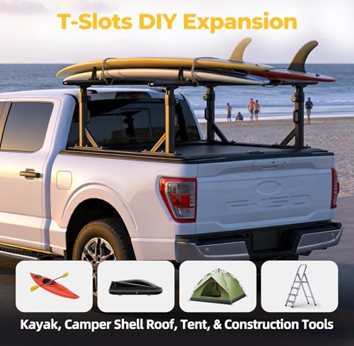 Image of TRUMGETA Adjustable Aluminum Truck Ladder Rack Fit for F150 Silverado Ram Sierra Compatible with T-Slot Tonneau Covers, No Drill Installation, Heavy Duty 1100 LBS, Truck Bed Rack for Ladders, Kayaks