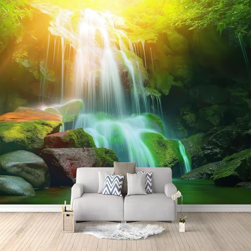 Carta da parati con motivo a cascata naturale del tramonto, verde, in tessuto non tessuto, 350 x 256 cm, per camera da letto, soggiorno, corridoio, immagini panoramiche