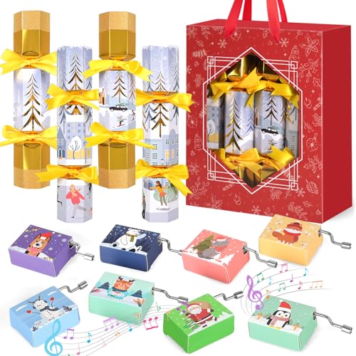 MOVINPE 8 Pack Christmas No Snap Party Table Favors, 10” Christmas Table Decorations with Hand-Crank Music Boxs, Paper Crown, Joke Card, Traditions Holiday Family Dinner Gift