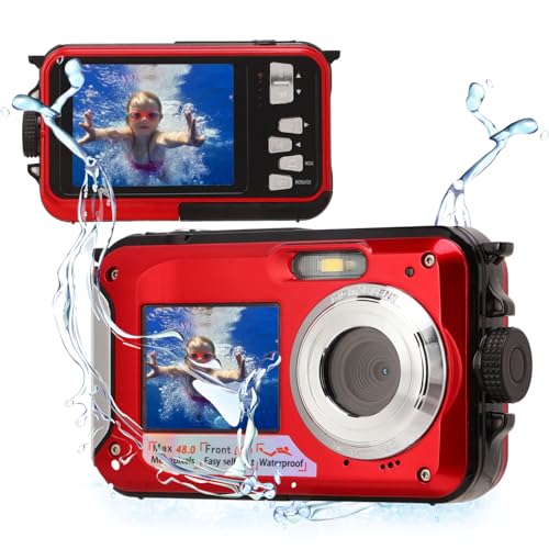 Red 2.7K 48MP 10ft Waterproof Underwater Digital Camera with 16X Zoom and Double Screens