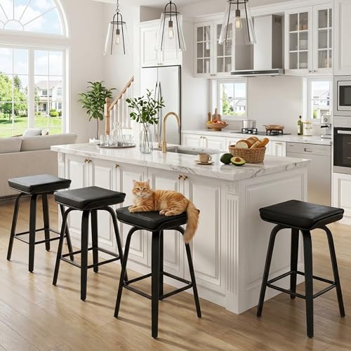 Image of 26 inch Swivel Bar Stools Set of 4, Backless Counter Height Bar Stools with Removable Faux Leather Cushion, 360 Swivel Wooden Saddle Stools with Footrest for Kitchen Island, Home Bar, Small Spaces, Black