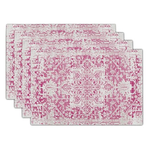 Image of Gray Hot Pink Boho Placemats Set of 4 Ethnic Bohemian Carpet Place Mats Washable Kitchen Dining Vintage Grey Geography Floral Linen Table Mats Stain Heat-Resistant for Home Party Indoor 12x18 in