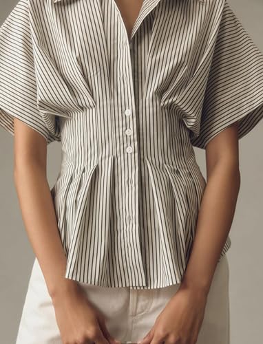 Women Striped Button Pleated Shirts Short Sleeve Summer Casual Peplum Blouse4