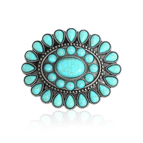 Image of FALETO Western Turquoise Belt Buckle for Men Vintage Cowboy Oval Alloy Belt Buckle