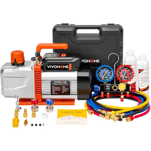 VIVOHOME VG Series AC Vacuum Pump and Gauge Set, 1 HP 9.6CFM 2 Stage HVAC Vacuum Pump and 4 Way Manifold Gauge Kit with 5ft Hoses for R134a R12 R22 R502 R410a Auto HVAC Systems Commercial Use VIVOHOME VG Series AC Vacuum Pump and Gauge Set, 1 HP 9.6CFM 2 Stage HVAC Vacuum Pump and 4 Way Manifold Gauge Kit with 5ft Hoses for R134a R12 R22 R502 R410a Auto HVAC Systems Commercial Use