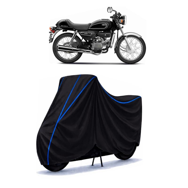Image of Hero Splendor Pro Classic New BS6 Bike Cover Water Resistant Universal Motorcycle Rain | Heavy Duty UV Protection, Dust, Scratch Indoor Outdoor All Weather with Black Blue Piping Elastic
