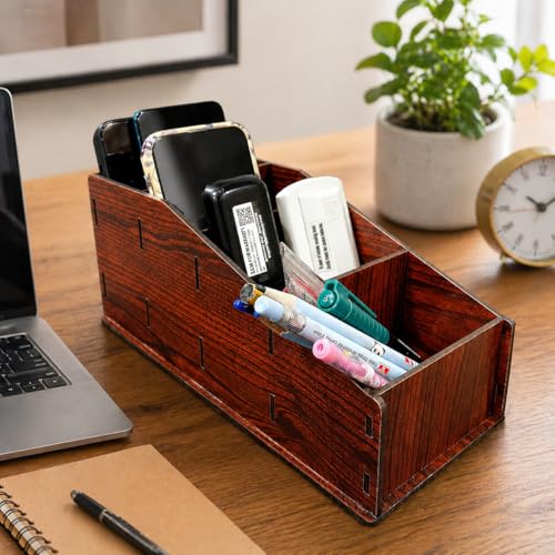 Image of Zesta Wooden Desk Organizer Pen Stand Remote Holder Card Slot | Table Accessory Office Desk Study Room | Pencil Storage Stand Stylish Workspace Decor (Multi-Holder Big)