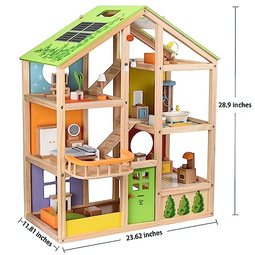 Hape Vier-Jahreszeiten Puppenhaus aus Holz Preisgekröntes dreistöckiges Puppenhaus mit Mobiliar, Zubehör, verschiebbaren Treppen und wendbarem Dach für Jede Jahreszeit