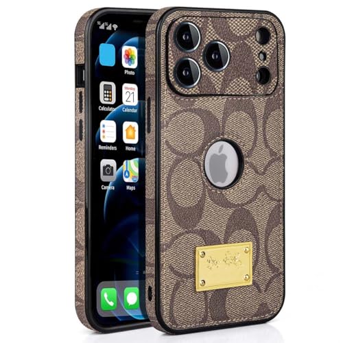 Semaudh for iPhone 17 Pro Max Case with Camera Lens Protector, Logo View, Luxury Designer Classical Leather Full Protection Shockproof Anti-Scratch Phone Cover for iPhone 17 Pro Max Khaki