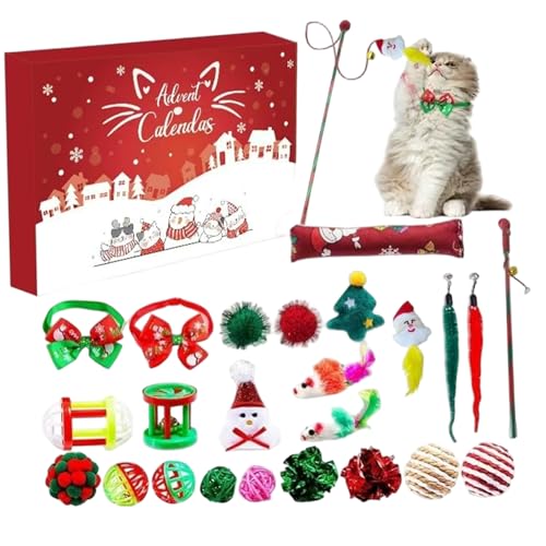 Toys de chat, jouets de chat interactifs à 24 jours, délicieux calendrier l'Avent Noël comprend des boules en peluche nœud pour animaux compagnie pour les amoureux des animaux