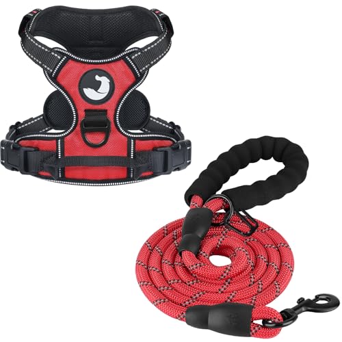 Joytale Dog Harness (Chest: 12-28") and 6FT×1/2'' Wide Rope Dog Leash Set, Adjustable Soft No Pull Harness and Heavy Duty Nylon Braided Leash for Medium Dogs