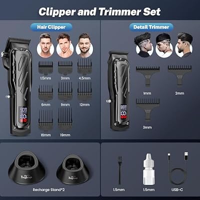 Brightup Barber Hair Clippers [Brushless 9000RPM & Cordless] for Men, Professional Clippers & Trimmers Set with USB-C Charging Stand, Hair Tools Cutting Kit with LCD Display, Gift for Men
