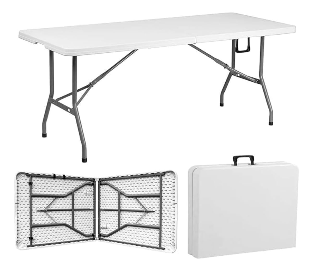 SALUD 360° Capital Click Mesa Plegable 1.80 m Portátil Tipo Portafolio – Mesa de Plástico Blanca Resistente para Exterior e Interior, Fácil de Transportar y Almacenar