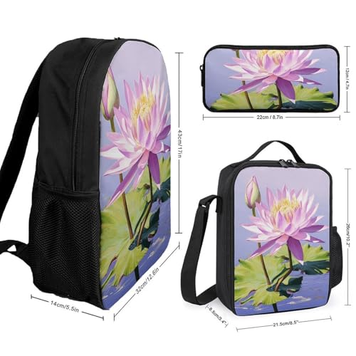 3 Piece Backpack for Women Men Lightweight Causal Daypack Shoulder Bag Set with Insulated Lunch Bag And Pencil Case Organizers Purple Water Lily2