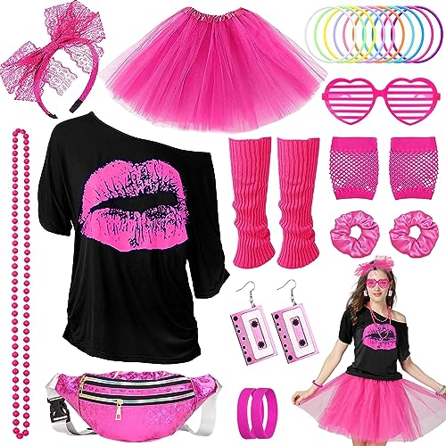 80s Costume Outfits Accessories Set for Women 1980s Fancy Dress Party Kits with T-shirt Tutu Bumbag Headband Earring Necklace Fishnet Gloves Leg Warmers Glasses Bracelet Scrunchies for Women Dress up