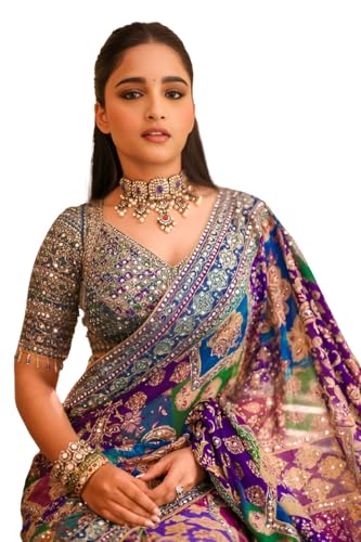 Image of Vragi Women's Multicolor Designer Soft Printed Saree with Mirror Work & Printed Blouse Piece 2