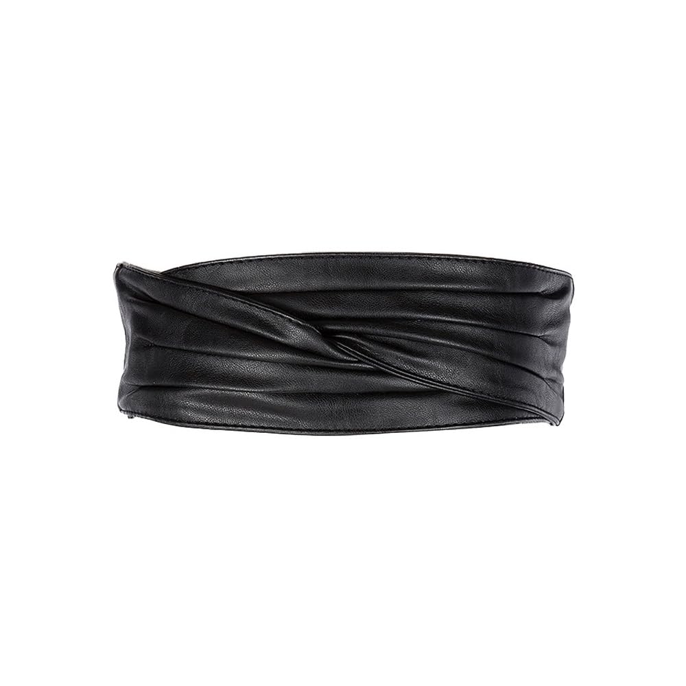 Rpaeoy Women's Black Leather Wide Waist Belt Thick Elastic Stretchy Belt Ruched Velcro Vintage Retro Cinch Belt Waistband For Dress Coat Shirt (Black)