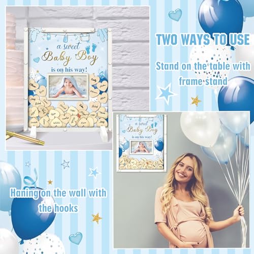 Image of Beeveer 65 Pcs Baby Shower Guest Book Alternatives for Boy Blue Baby Shower Sign in Guest Book with Picture Frame and 60 Wooden Heart Chip and Blue Signature Board Keepsake Gifts