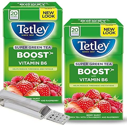 TETLEY Green Tea Boost Berry Burst - Conveniently Bundled with Tea Strainer, for Minimum Fuss and a Perfect Cuppa Everytime. | 2 Pack + Strainer Cover
