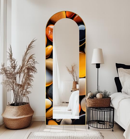 Zen & Spa Stones - Specchio da pavimento ad arco a lunghezza intera, con cornice nera e cornice dorata