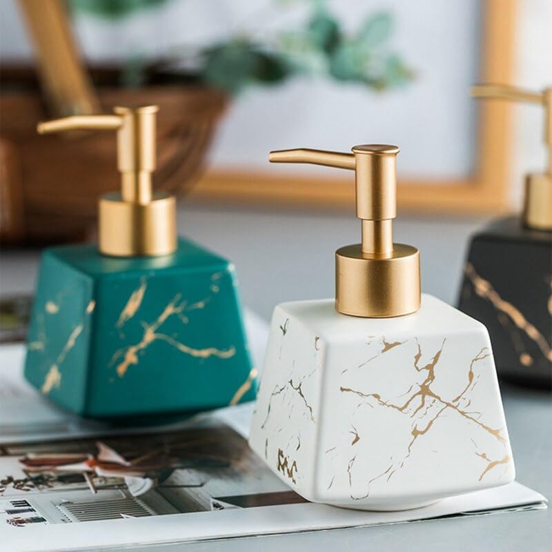 Image of Luxury Ceramic Soap Dispenser (Luxe White) - 300 ml Matte Glazed with Gold Marbling Triangular Refillable Lotion & Handwash Pump Bottle for Bathroom, Kitchen Sink & Wash Basin Decor