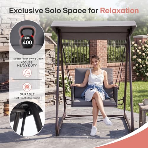 Image of Patio Swing with Adjustable Canopy, Single Seat Grey | Patio Swing with stand Heavy-Duty Triangular Frame Backyard / Porch / Lawn Grey Garden Swing