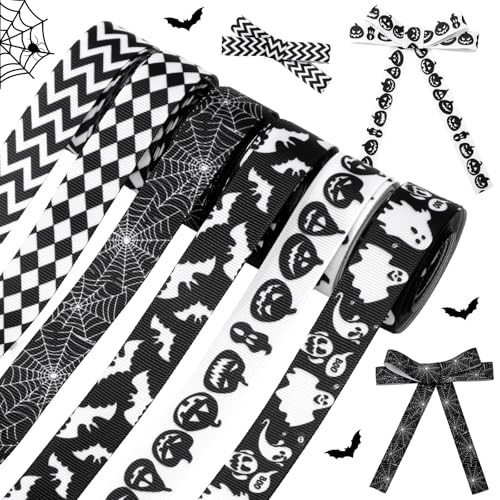 Whaline 6 Rolls Halloween Wired Edge Ribbon Spiderweb Ghost Pumpkin Fabric Ribbon Black White Wrapping Ribbons for DIY Crafts Wreath Bow Making Supplies 30 Yard