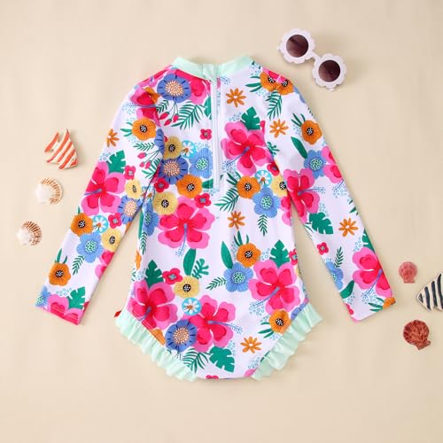 Image of IZYJOY Girl Long Sleeve Swimsuits Ruffle One Piece Rash Guard Bathing Suits Kids Floral UPF 50+ Zipper Swimwear 7-12Y
