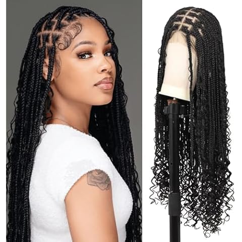 Kalyss 13x8 HD Lace Front Braided Wigs Boho Braided Wigs for Women Knotless Braided Wigs with Baby Hair Box Braid wigs Long Human Hair Blended Wigs Black 36 Inch Cover