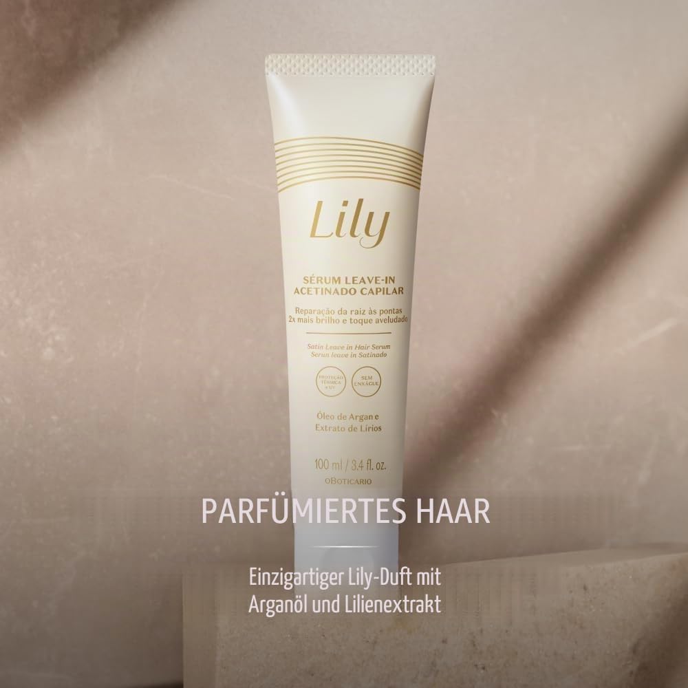 O Boticário Lily Geschenkset für die Haarpflege mit 3 Produkten, parfümiertes Satin-Shampoo, 250 ml, Conditioner 250 ml und Leave-In-Serum 100 ml