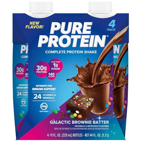 Pure Protein Batido de Alto Valor Biológico Bajo en Azúcar Apto Dietas Keto con Vitaminas Minerales Esenciales Sin Gluten para Entrenamiento - Masa de Brownie Galáctica - Paquete de 4 (199 caracteres)