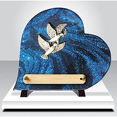 Plaque Funéraire Granit Coeur Pailleté Bleu Personnalisable 24x36 Cm - Funelior Marque Française