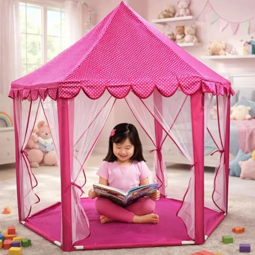 Image of BabyGo Kids Prince Princess Castle Theme Play Tent with Mosquito Net Design for Kids (Pink) (140cm x 135cm x 70cm)