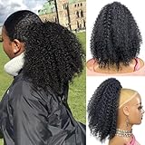 VAVANGA 14inch Short Afro Kinky Curl Drawstring Ponytail Deep Curly Fluffy Draw String Ponytail Black Updo Fake Pony Tail Natural Afro Puff Hair Piece for Black Women - 1B#(Natural Black)