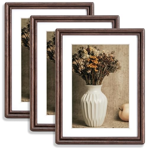 RICHFOCUS 6x8 Picture Frame Set of 3, Natural Solid Walnut Wood Picture Frame with High Tempered Glass, Handcrafted Rounded Corner 6 by 8 Wooden Frame Matted to 5x7 Photo for Wall & Tabletop Display