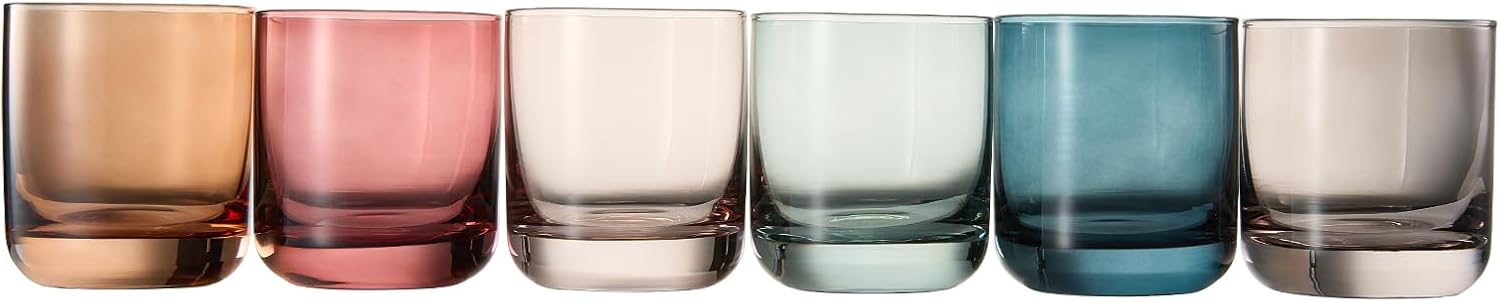 Khen Colored Old-Fashioned Drinking Glasses | Set of 6 | 9.6oz Art Deco Stemmed Glasses for Whiskey, Martini, Cocktail, Champagne, Wine | Muted Pastel Colors | Father's Day Gift Idea for Dad or Him
