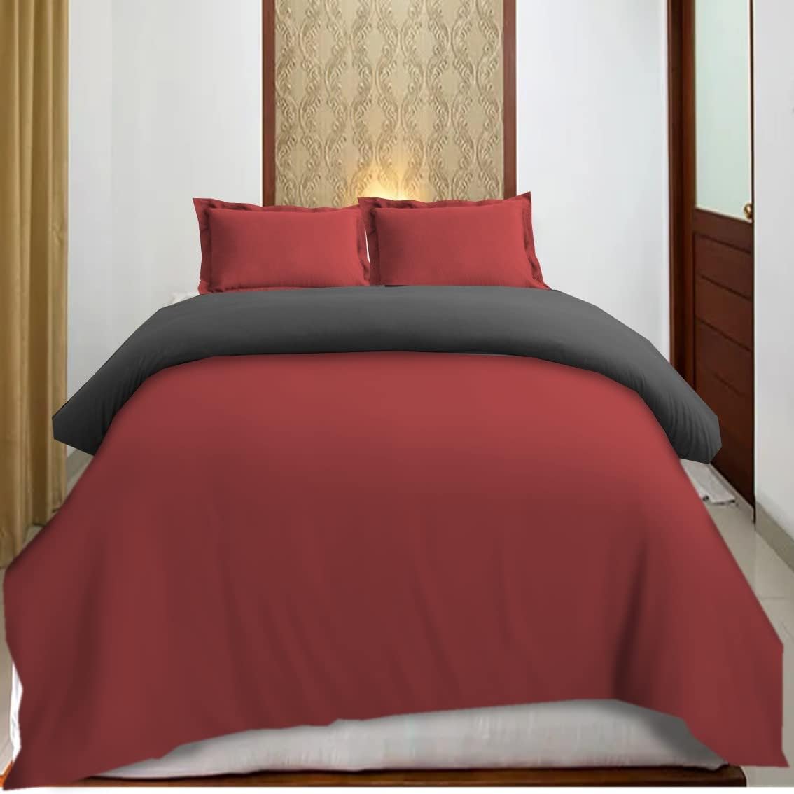Duvet Cover 100% Egyptian Cotton 1000 TC King Size Reversible Duvet Cover with Zipper 102x110 Inch with 2 Burgundy + 2 Dark Grey Pillow Cover Dual Colour-Burgundy and Dark Grey-image-46