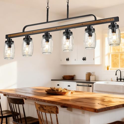Tytphots 6-Light Rustic Farmhouse Dining Room Light, Black Mason Jar