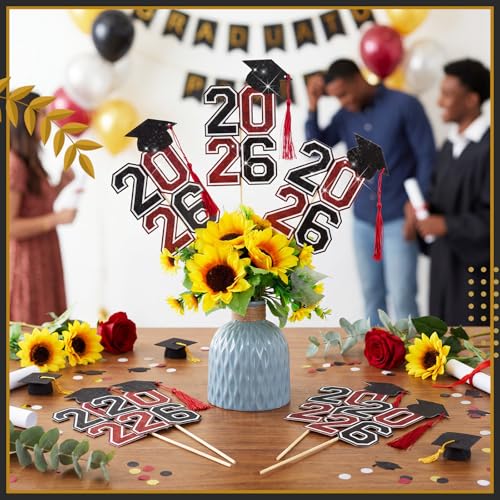 Image of 10 Pcs Graduation Table Centerpieces Sticks with Tassels, class of 2026 Grad Cap Picks Table Decoration Cupcake Toppers for Party Centerpiece Decoration Supplies(Black and Red)