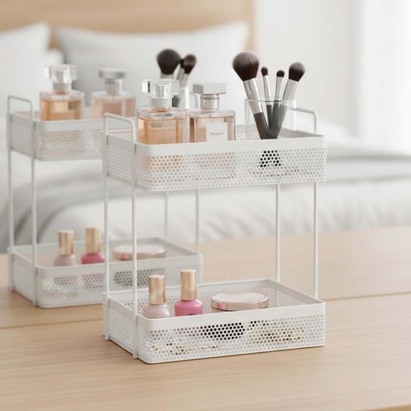 Image of Go Hooked Metal Standing Rack 2-Tier Countertop Organizer | Spices Organizer | Bathroom Essentials | Vanity Storage | Decorative Use | Cosmetic Makeup Storage (White)