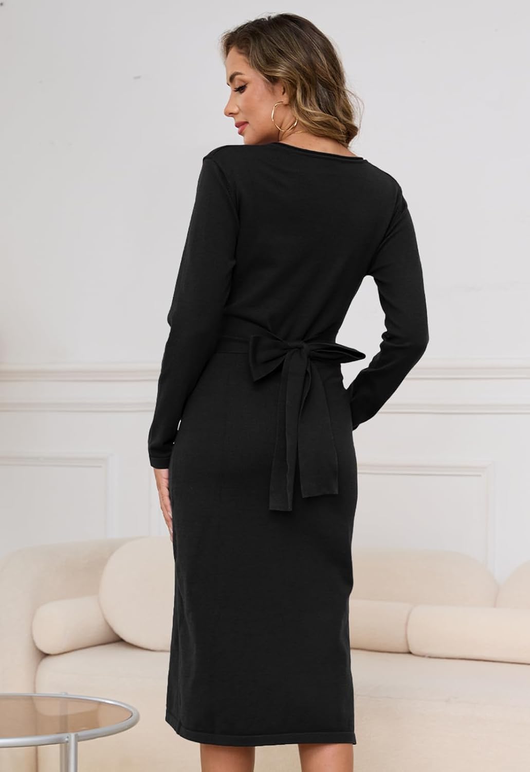 Jayscreate Women's Fall Winter Sweater Dress Midi 2024 Split Side Tie Back High Waist A-Line Business Casual Dress - Image 2