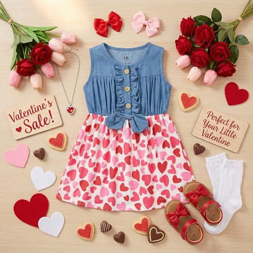 Image of Unique Baby Girls Sleeveless Denim Dress with Knot Tie and Fun Print for Toddler and Big Kids