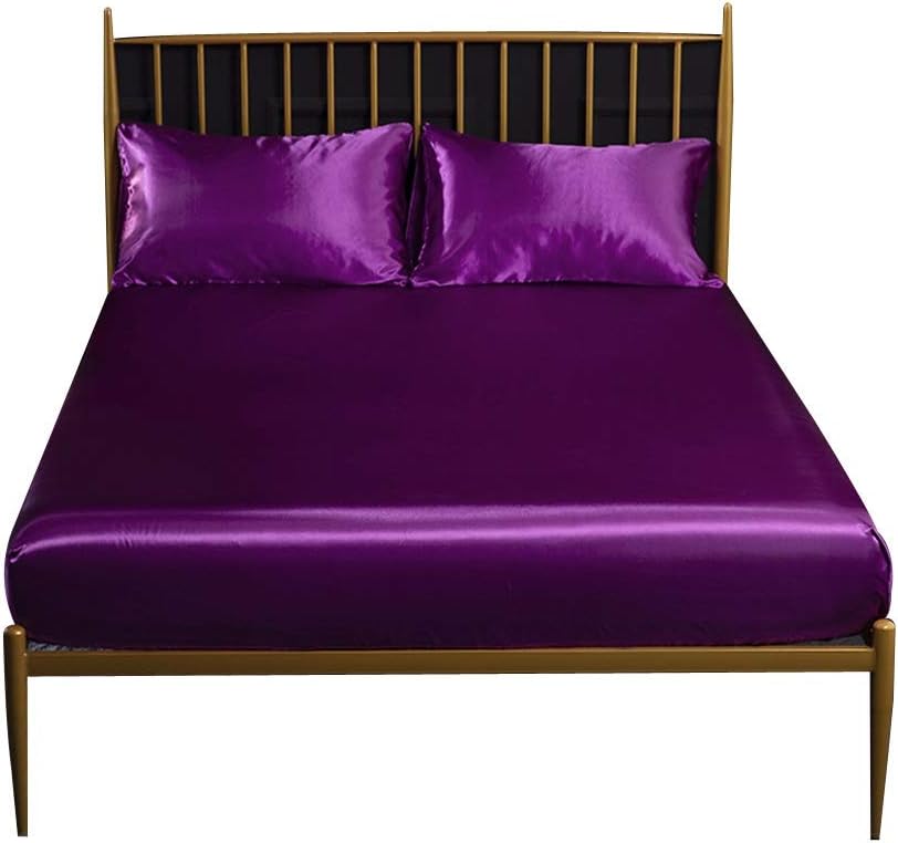 HMQCI フェイクシルクベッドシーツセット 3点 シルクのように滑らか サテン 深いポケット フィット、枕カバー2枚 しわ汚れ、色