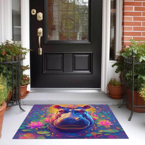Tapis lavable antidérapant bleu et violet visage hippopotame