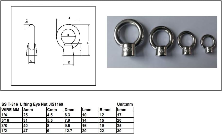 T316 Stainless Steel Lifting Eye Nut 3/8" UNC (10 PCS)
