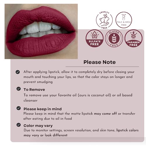 Maroon Red Lipstick Matte With Matching Lip Liner And Brush Kit Long Lasting Kissproof Waterproof Lightweight No Smudge Talc-Free And Paraben-Free - Mara #TOP6